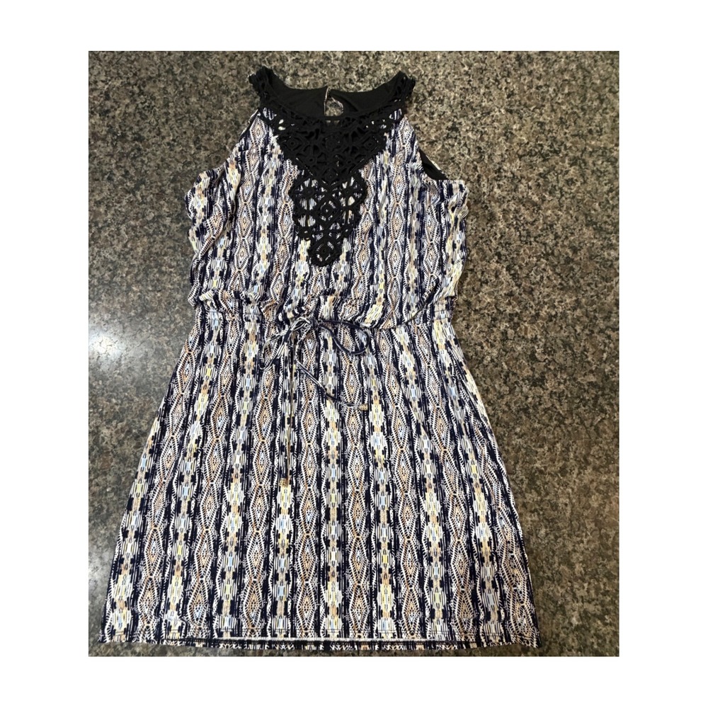 White House Black Market Ikat Sleeveless Dress Black Crochet Bib Drawstring Sm